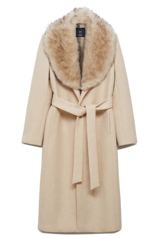 MANGO MANGO DOLCE WOOL BLEND WRAP COAT WITH REMOVABLE FAUX FUR COLLAR 