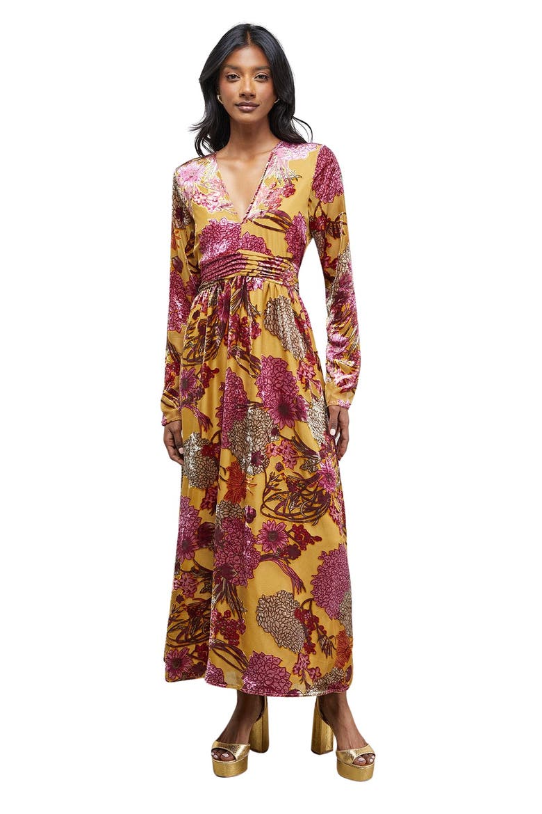 Plunge Neck Waisted Long Sleeve Dress, Main, color, Ochre
