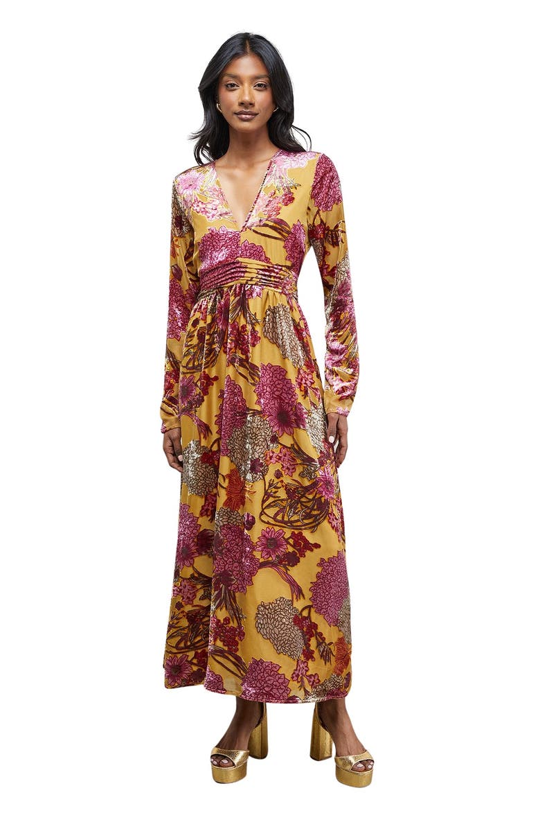 Warehouse Plunge Neck Waisted Long Sleeve Dress, Main, color, Ochre