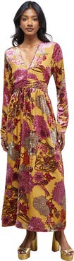 Warehouse Plunge Neck Waisted Long Sleeve Dress