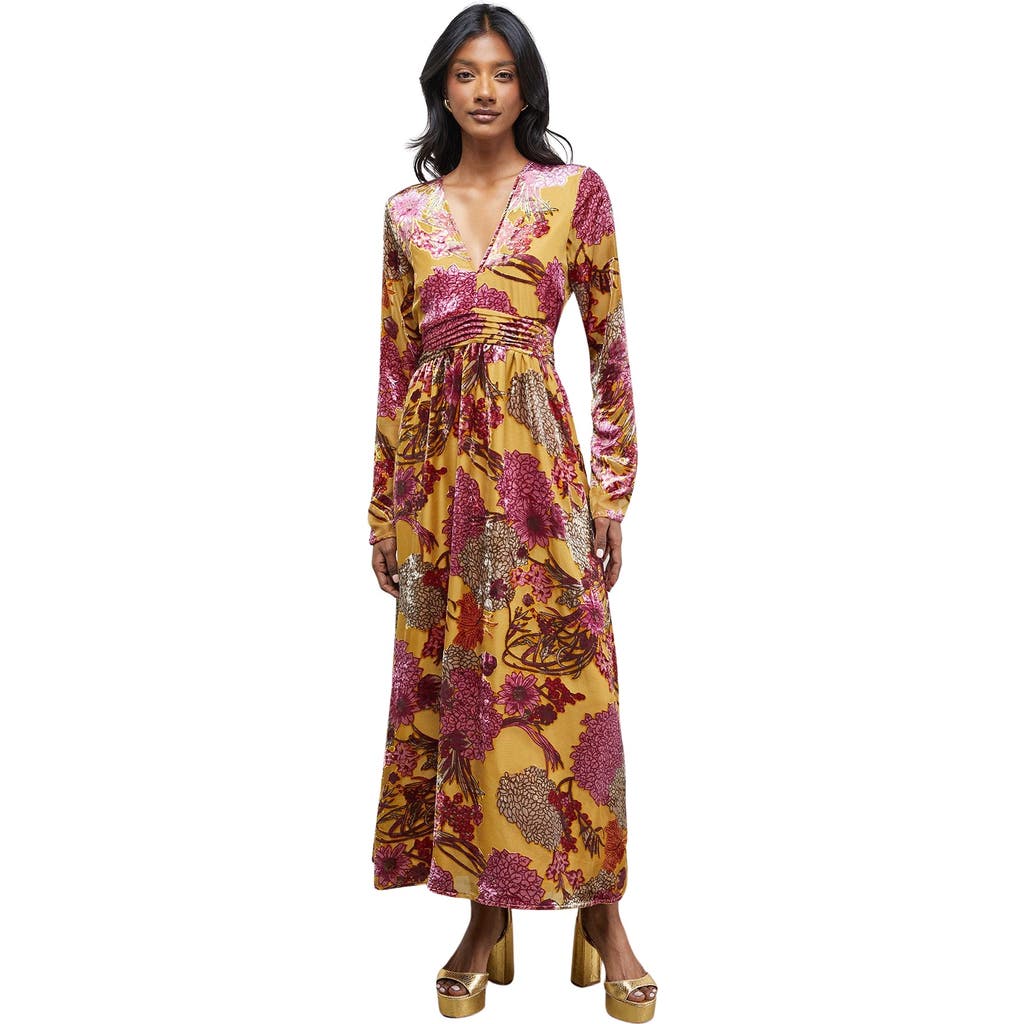 Warehouse Plunge Neck Waisted Long Sleeve Dress In Multi