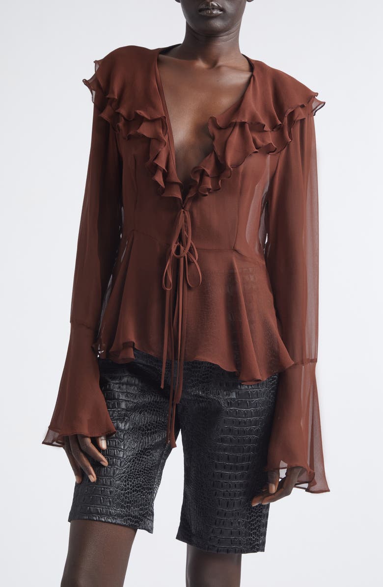 KIM SHUI Arianna Silk Chiffon Tie Shirt, Main, color, Brown