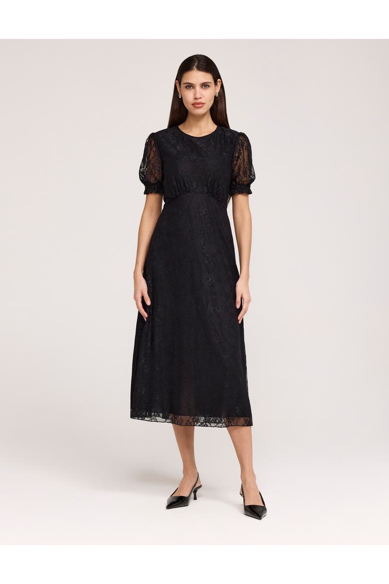 Mela Puff Sleeve Midi Tea Dress, Main, color, Black