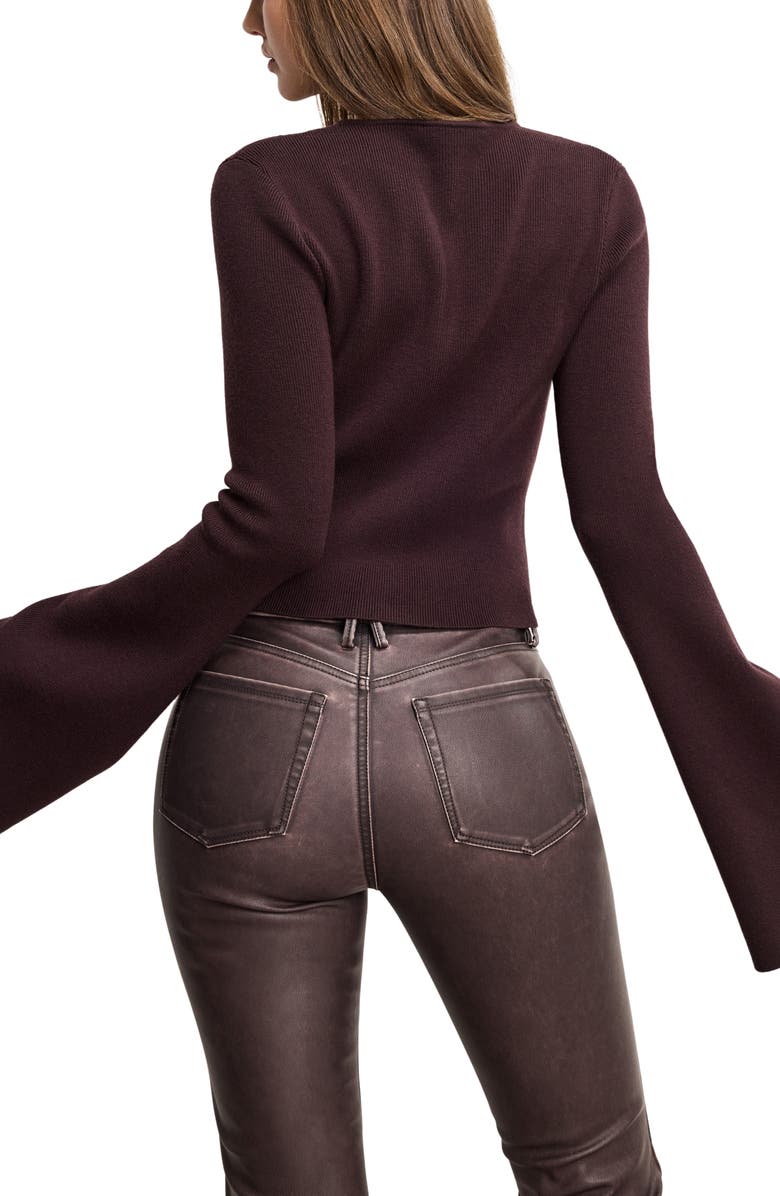 Good American Ribbed Bell Sleeve Cardigan, Alternate, color, Bark003