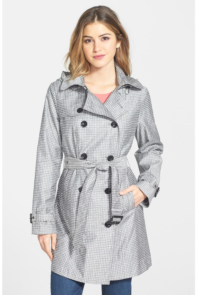 Gingham Print Hooded Trench Coat, Main, color, BLACK COMBO
