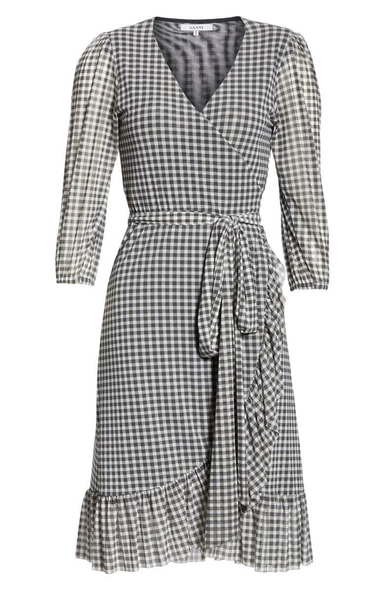 Ganni Check Print Mesh Wrap Dress, Alternate, color,