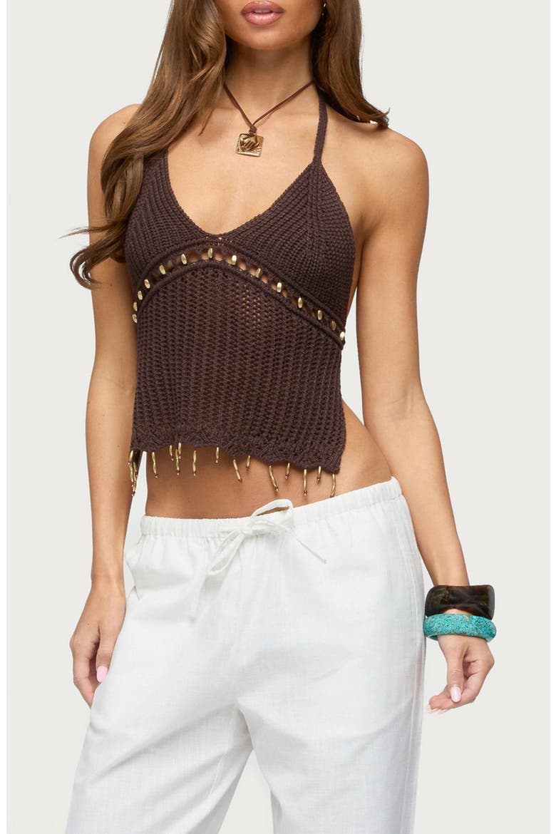 Jenn Beaded Open Stitch Halter Top, Main, color, BROWN