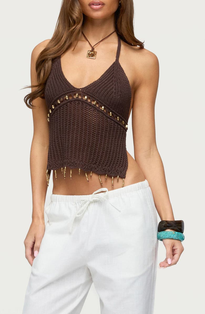 EDIKTED Jenn Beaded Open Stitch Halter Top, Main, color,