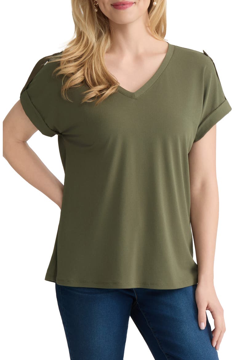 Extended Shoulder Roll Tab Cuff V-Neck T-Shirt, Main, color, JASPER GREEN
