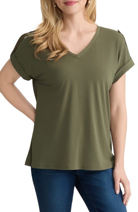 Extended Shoulder Roll Tab Cuff V-Neck T-Shirt