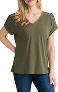 Jones New York Extended Shoulder Roll Tab Cuff V-Neck T-Shirt