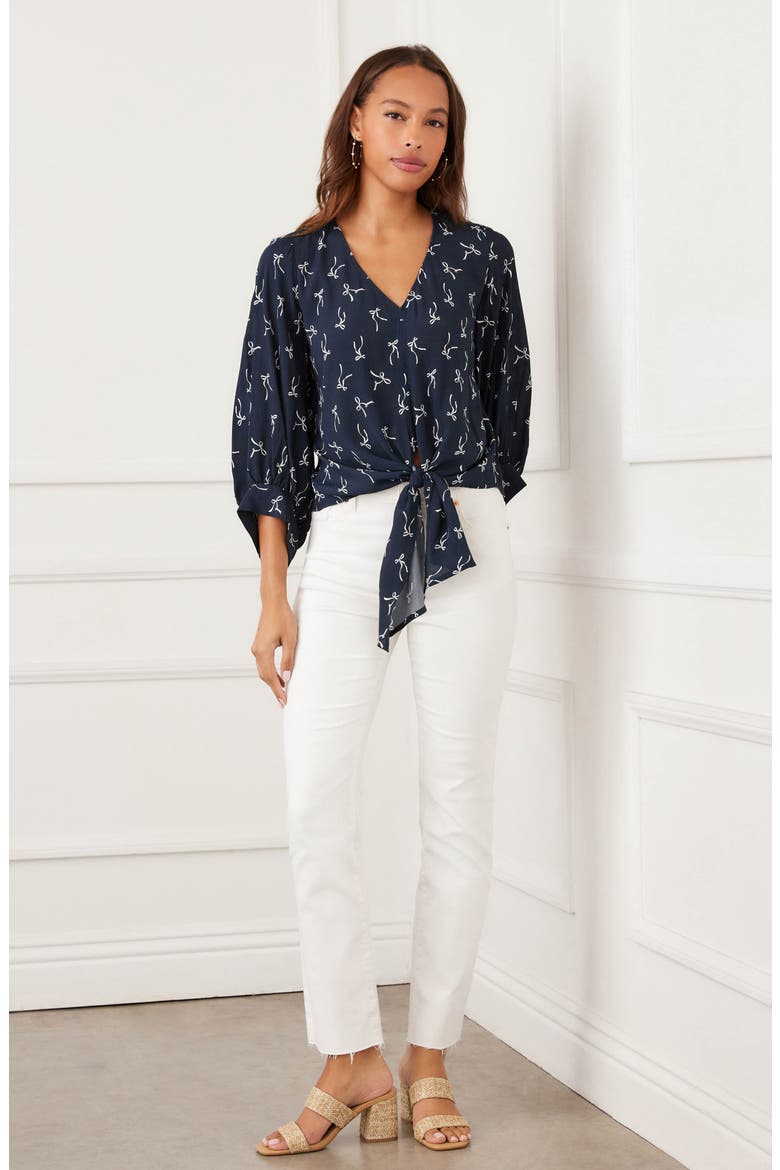 Bow Print Tie Front Crepe Top, Alternate, color, PRINT