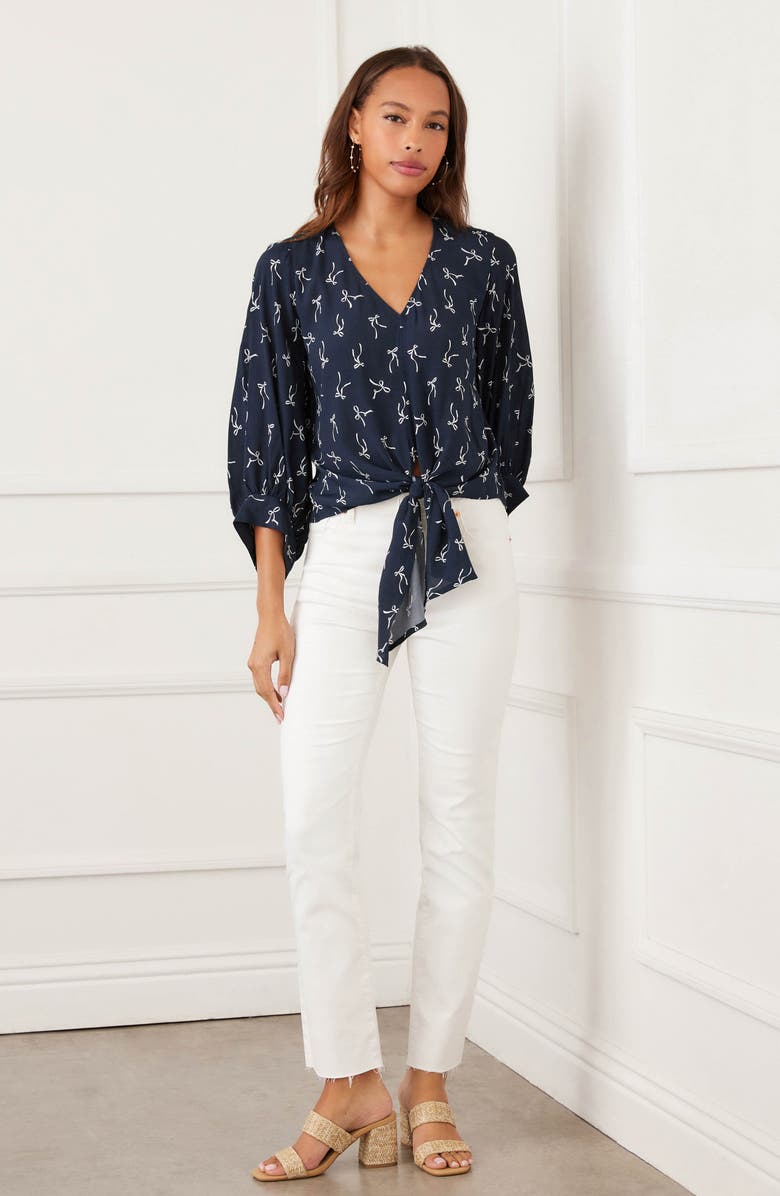 Karen Kane Bow Print Tie Front Crepe Top, Alternate, color, Print