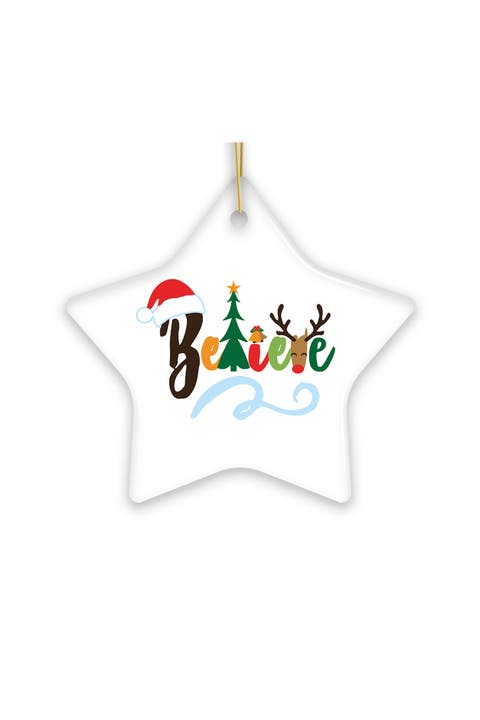 Believe Santa Hat Reindeer Star Ceramic Ornament