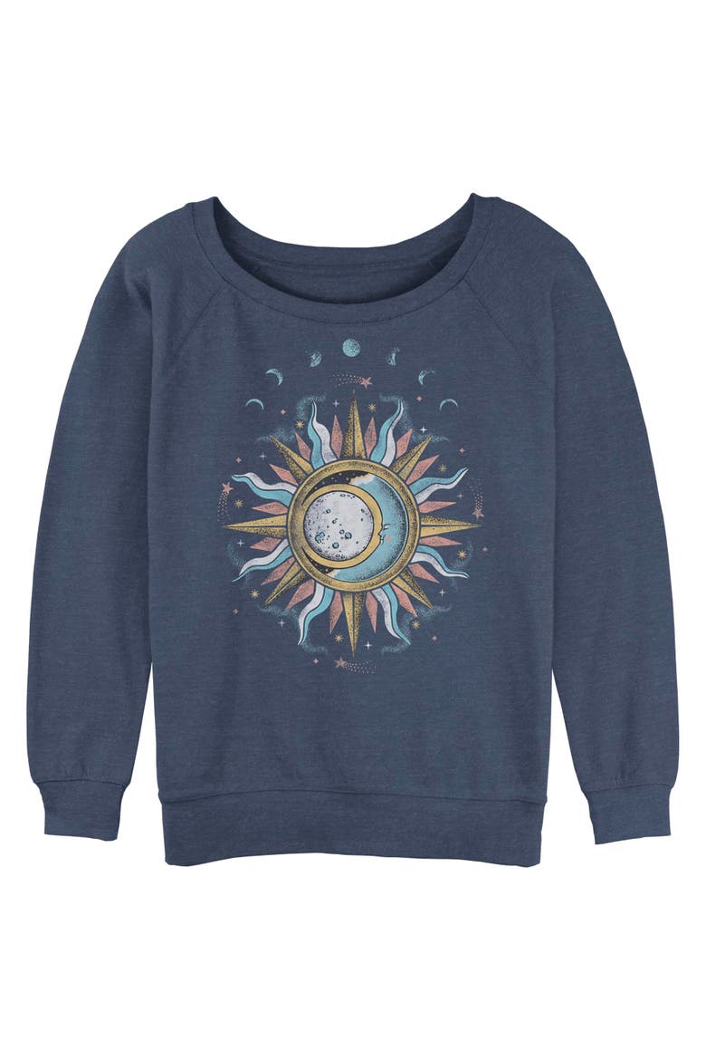 Junior's Lost Gods Sun and Moon Phases  Sweatshirt, Main, color, Blue Heather