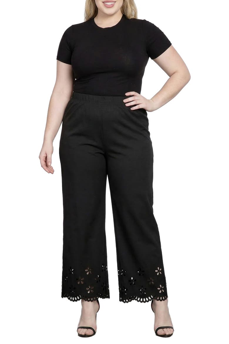 Floral Eyelet Hem Pull-On Pants, Alternate, color, BLACK