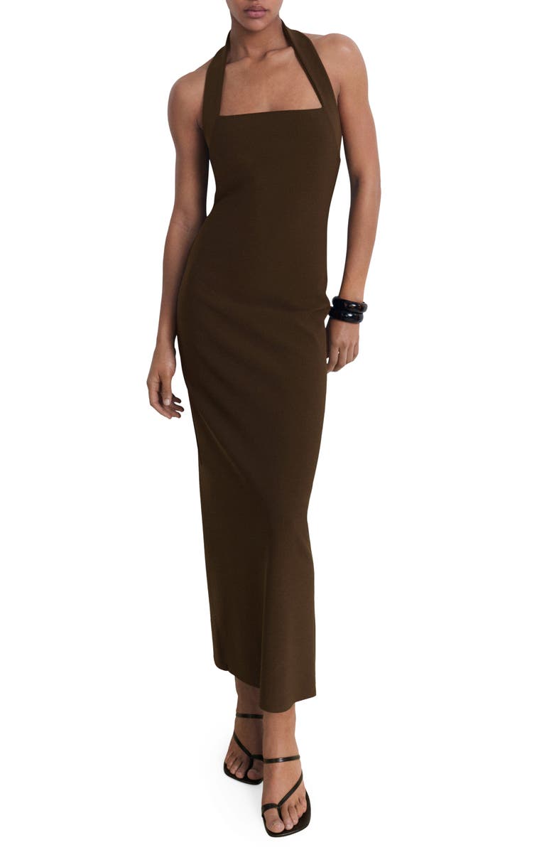 MANGO Halter Maxi Dress, Main, color, Brown