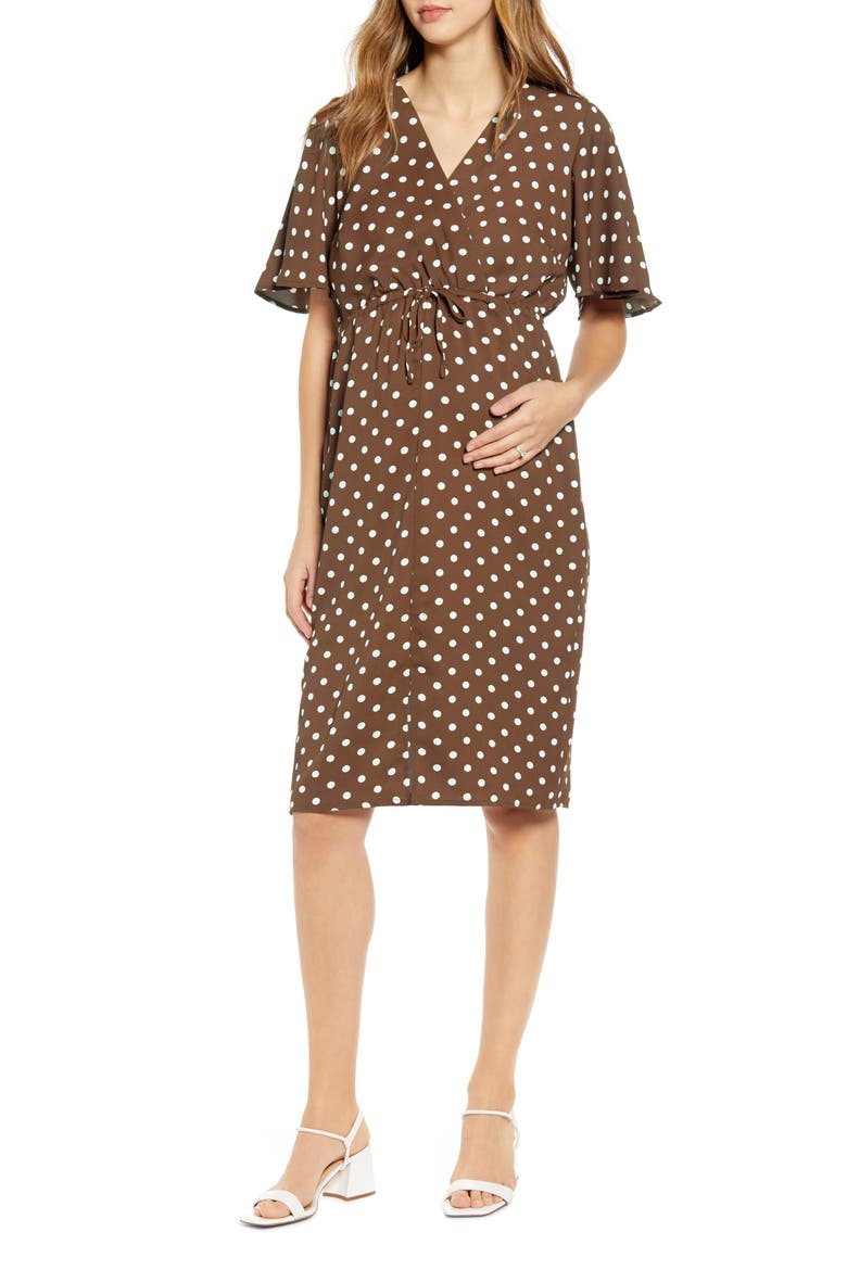 Bella Polka Dot Empire Waist Maternity/Nursing Dress, Main, color, BROWN