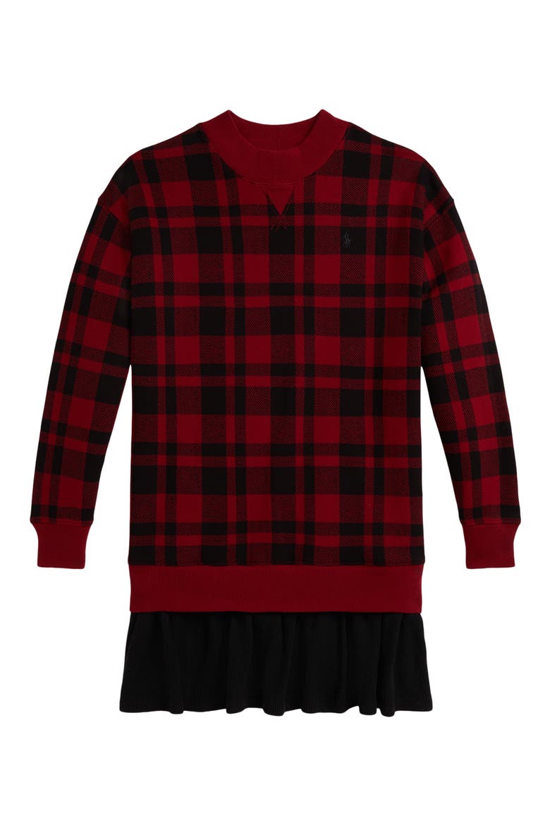 Kids' Mixed Media Long Sleeve Dress, Main, color, RED MULTI