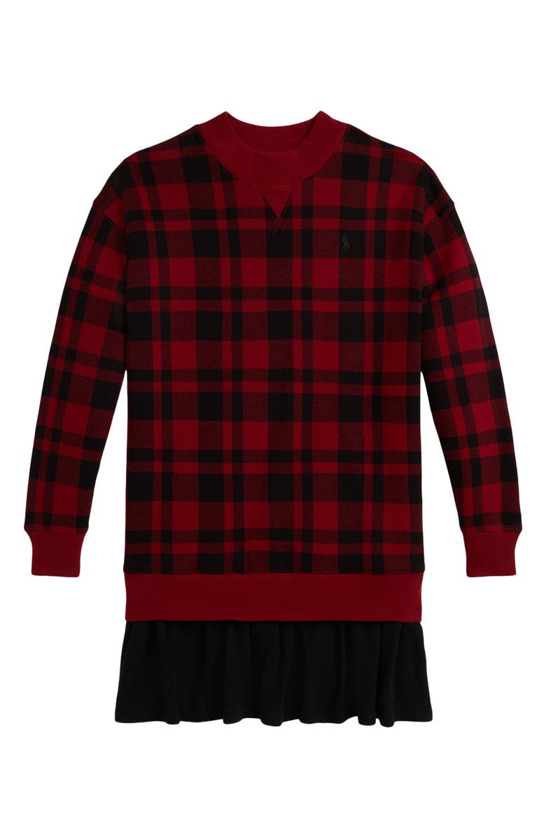 Polo Ralph Lauren Kids' Mixed Media Long Sleeve Dress, Main, color, Red Multi