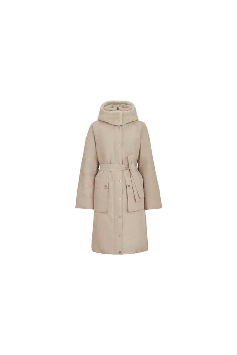 Techno cotton taffeta belted down coat with detachable shearling hood and shiny zipper pull, Alternate, color, Beige