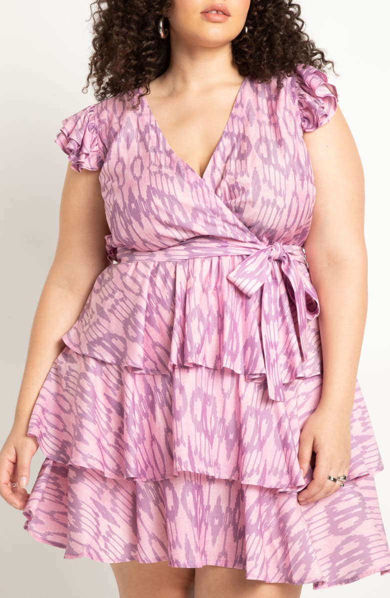 ELOQUII Ikat Print Ruffle Tiered Dress, Alternate, color,