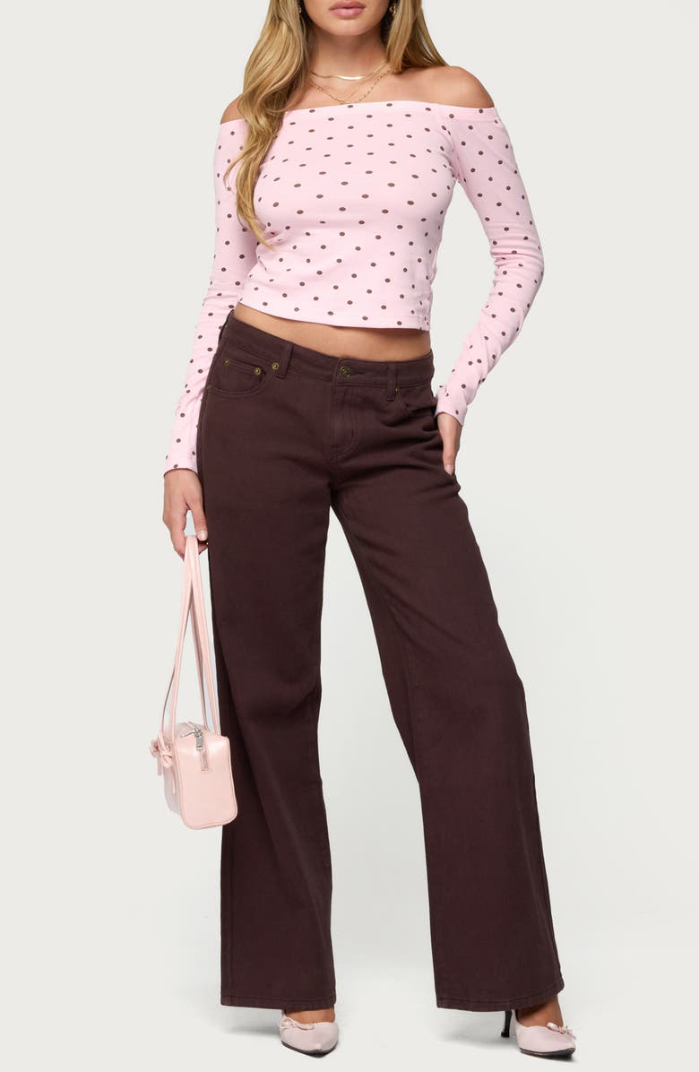 EDIKTED Leandra Polka Dot Off the Shoulder Stretch Cotton Top, Alternate, color, Light-Pink
