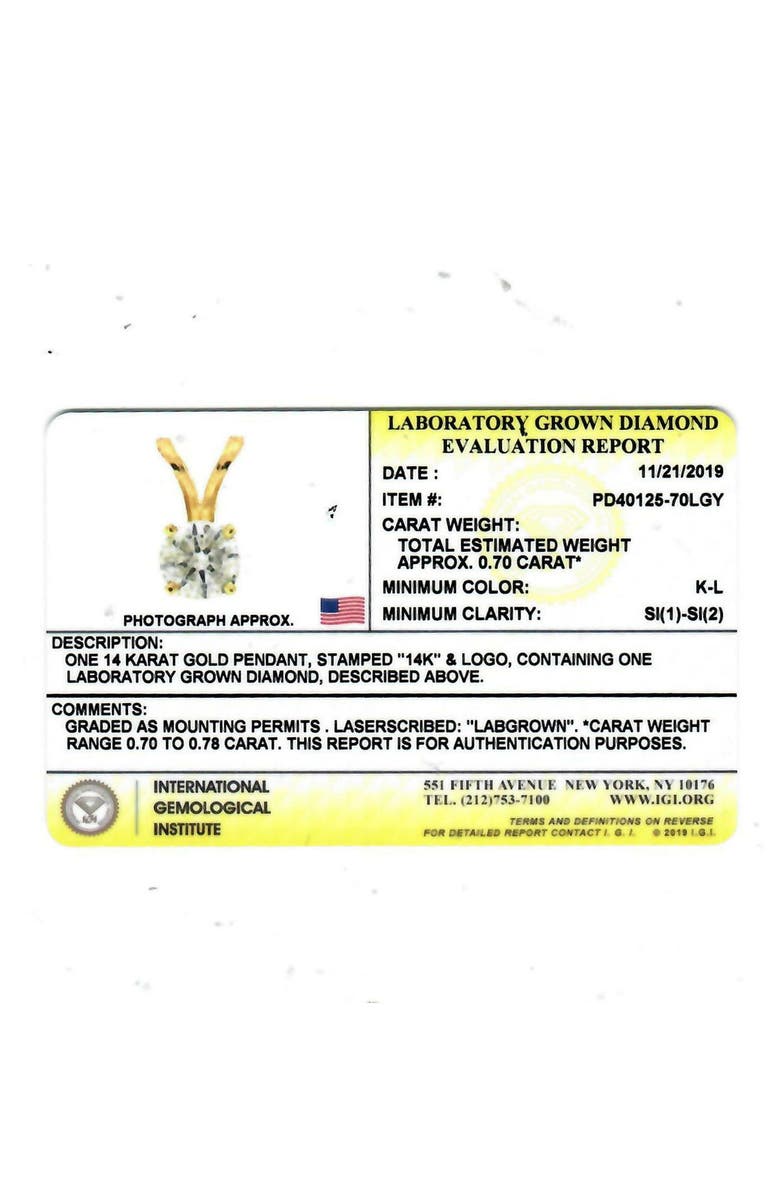 Bliss Diamond 3/4 Ct Lab Grown Diamond Solitaire Pendant 14K Gold IGI Certified, Alternate, color, 