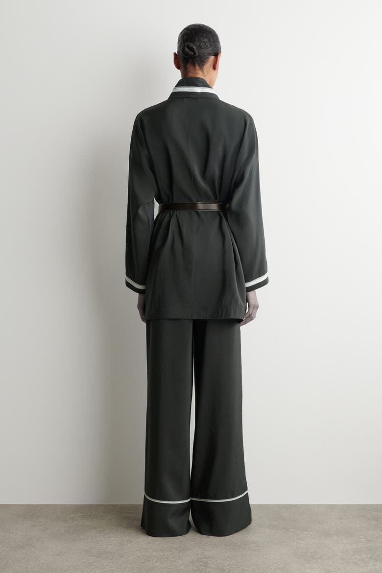 Contrast-piped Robe-style Blouse, Alternate, color, KHAKI / WHITE
