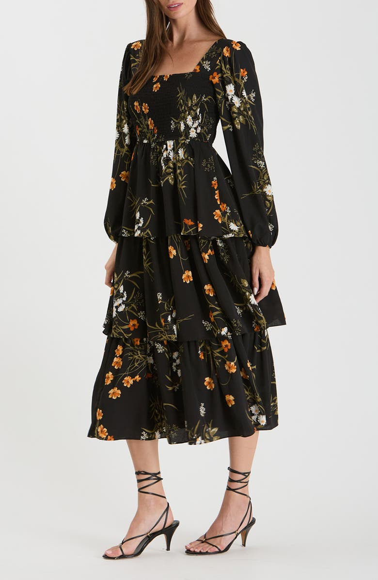 AUGUST SKY Floral Long Sleeve Tiered Midi Dress, Alternate, color, 