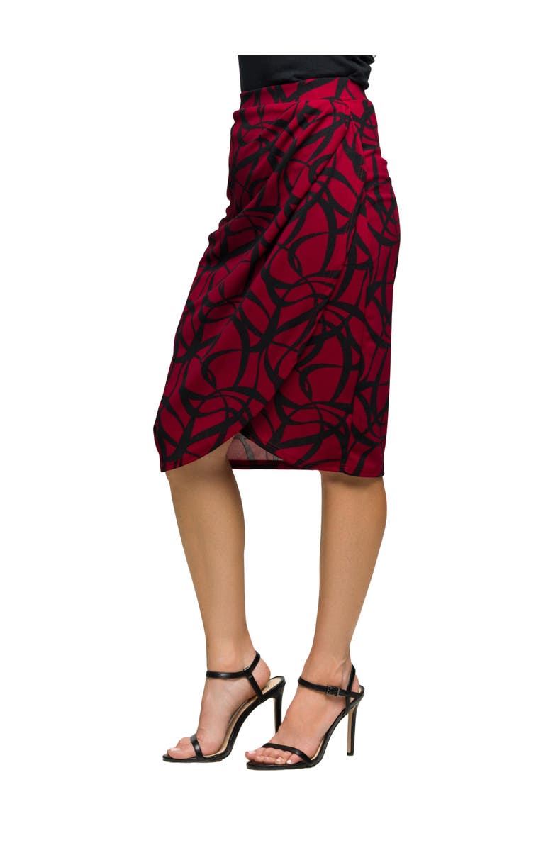 24seven Comfort Apparel Print Ruched Knee Length Skirt, Alternate, color, Red Multi