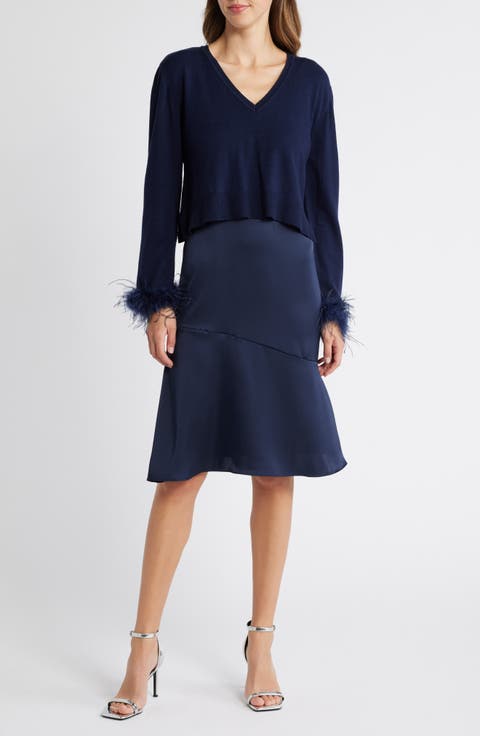 Faux Feather Trim Long Sleeve Two-Piece Sweater Dress