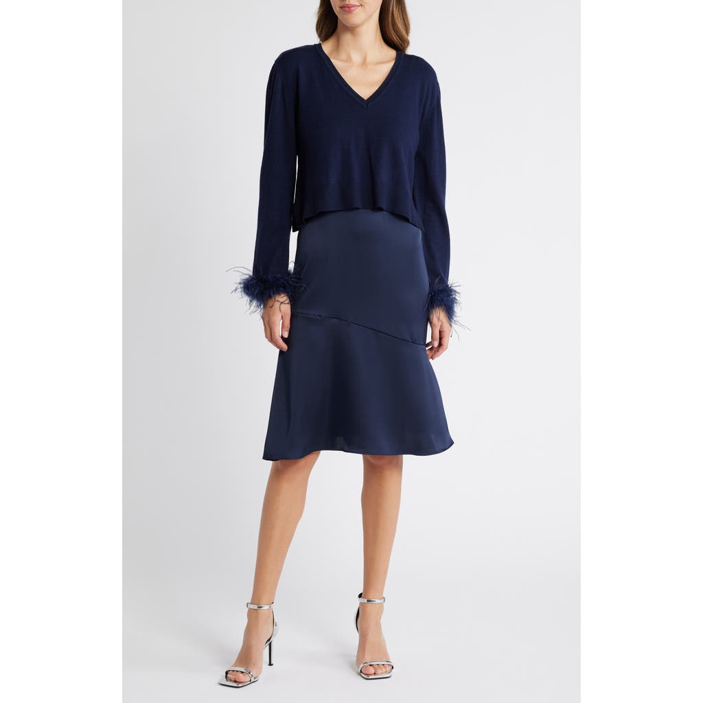 SAM EDELMAN SAM EDELMAN FAUX FEATHER TRIM LONG SLEEVE TWO-PIECE SWEATER DRESS