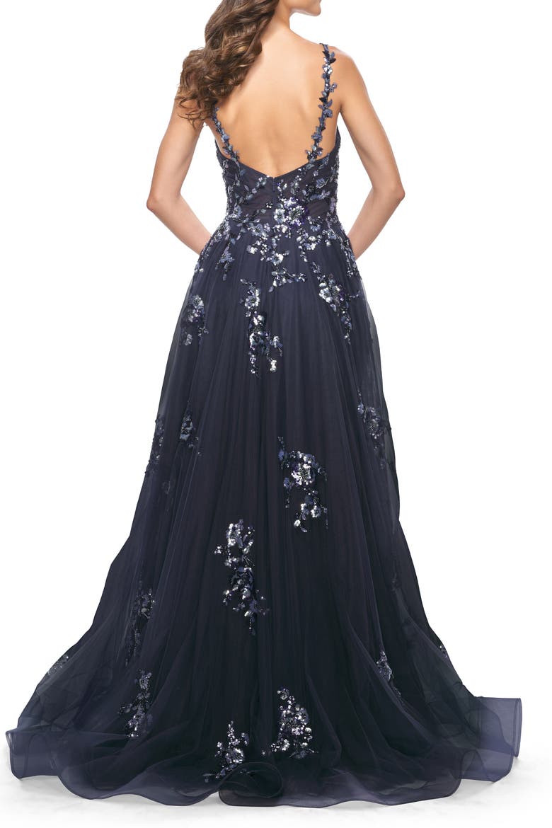 A-Line Tulle and Floral Sequin Gown with High Slit, Alternate, color, Navy