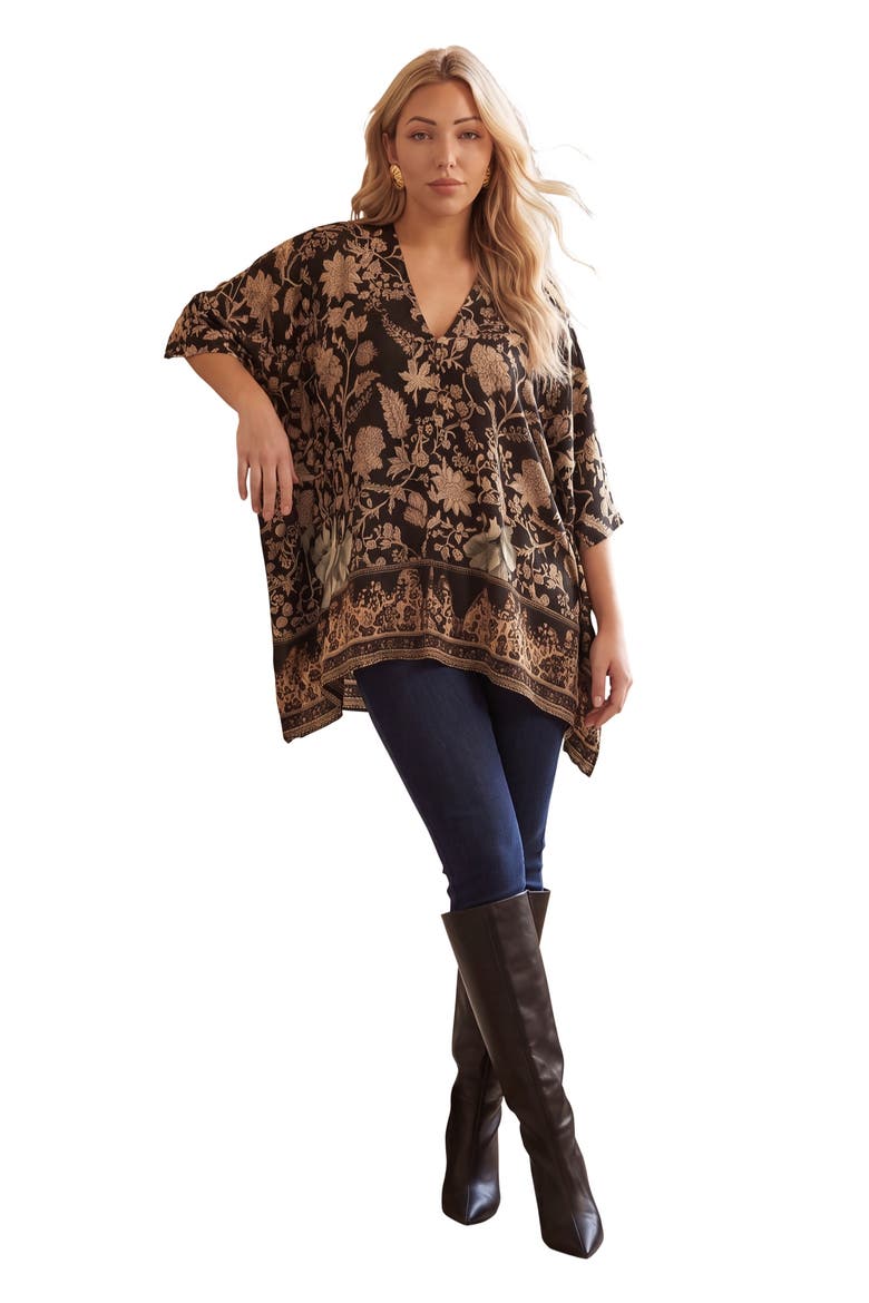 Plus Size Georgette V Neck Embroidered Poncho Blouse (plus), Main, color, BLACK FILIGRAM FLORAL