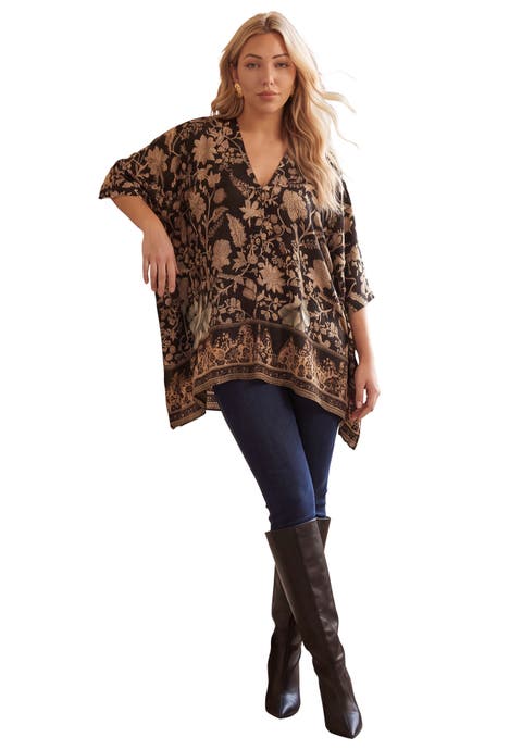 Plus Size Georgette V Neck Embroidered Poncho Blouse (plus)