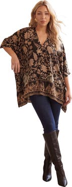 Roaman's Georgette V Neck Embroidered Poncho Blouse