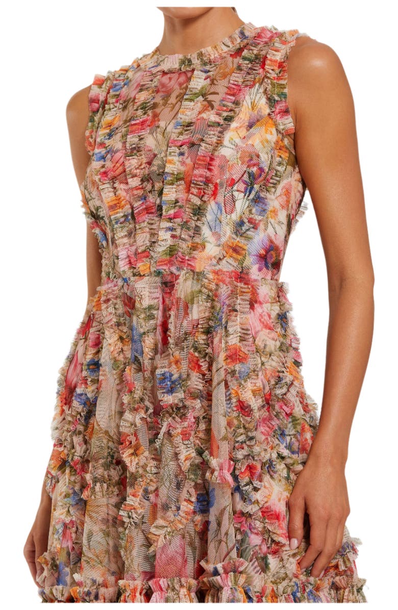 Mac Duggal Mesh Micro Ruffle High Neck Mini Dress, Alternate, color, Cream Multi