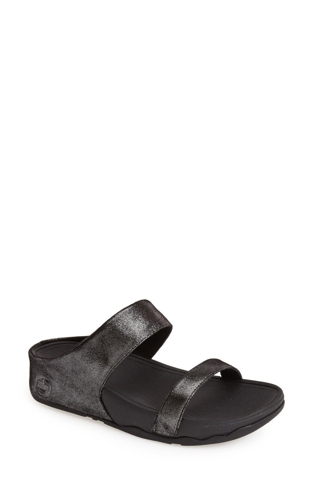 FitFlop™ 'Lulu Shimmersuede' Slide Sandal, Main, color, BLACK