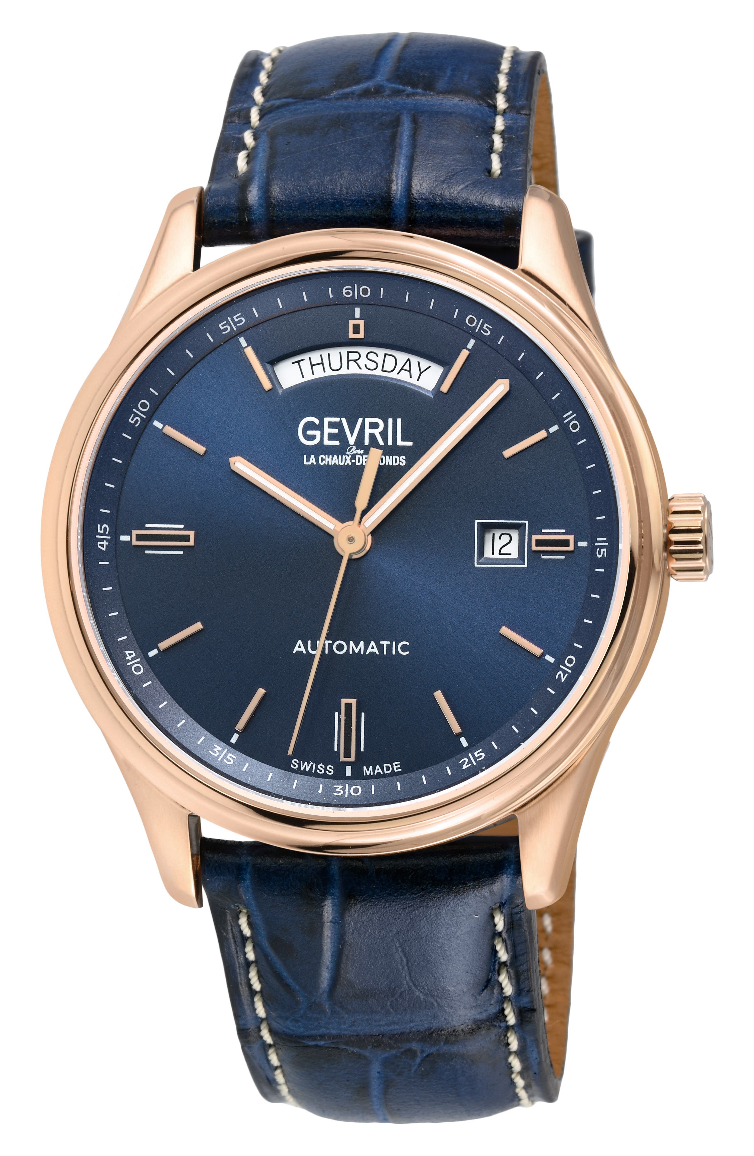 GEVRIL Excelsior Croc Embossed Leather Strap Watch, 42mm