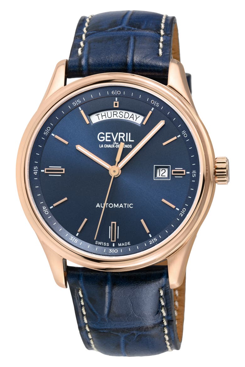 Excelsior Croc Embossed Leather Strap Watch, 42mm, Main, color, BLUE