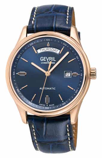 GEVRIL Excelsior Croc Embossed Leather Strap Watch, 42mm