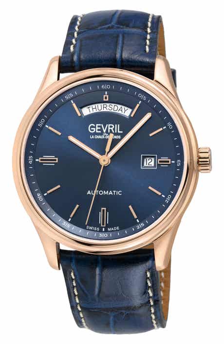 GEVRIL Excelsior Croc Embossed Leather Strap Watch, 42mm