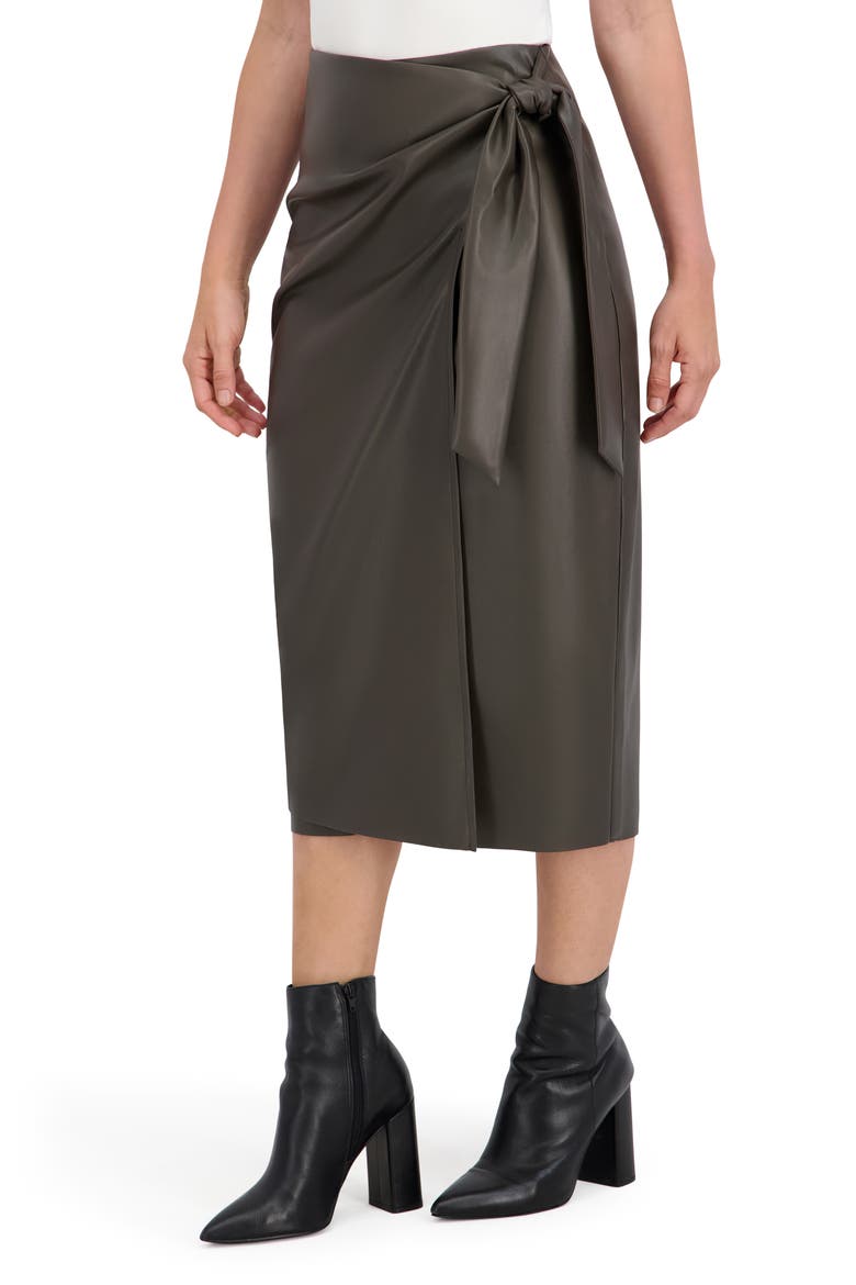 Supersoft Faux Leather Side Tie Midi Skirt, Alternate, color, OLIVE