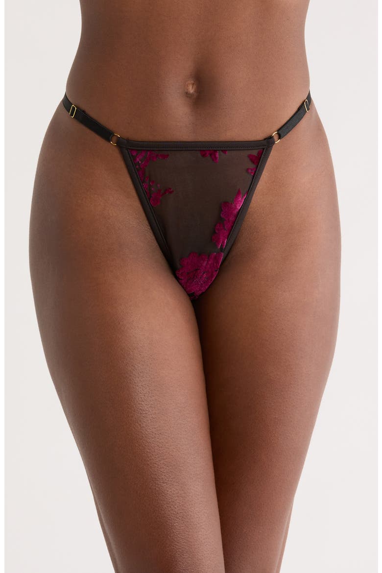 Floral Flocked G-String, Main, color, BLACK-BOYSENBERRY