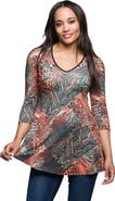 24seven Comfort Apparel Animal Print V-neck Three Quarter Sleeve Tunic Top