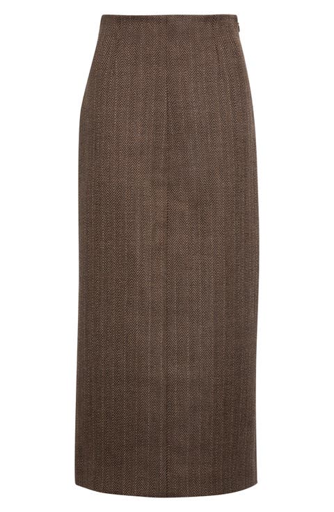 Herringbone Virgin Wool Midi Skirt
