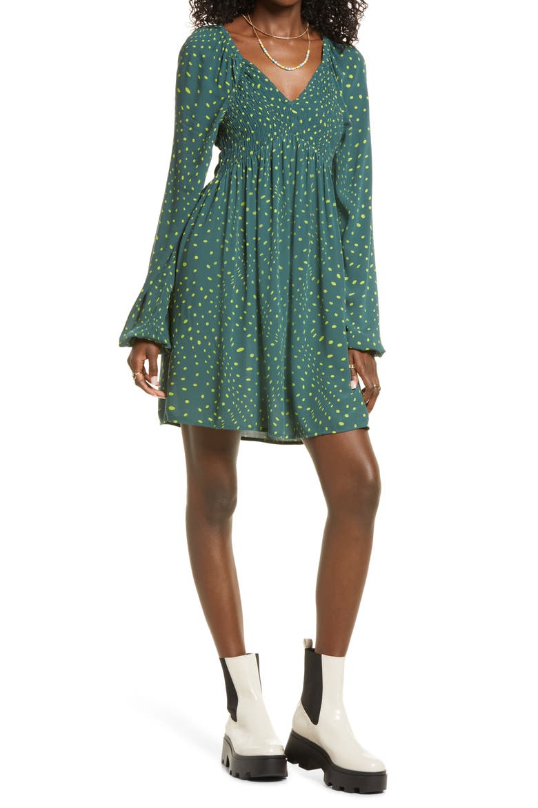 V-Neck Long Sleeve Babydoll Minidress, Main, color, GREEN MOSS WARPY DOT