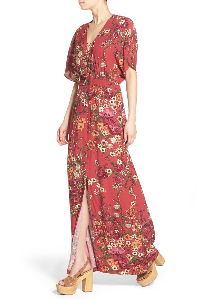 Floral Print Lace-Up Maxi Dress, Alternate, color, RED BOTANICAL