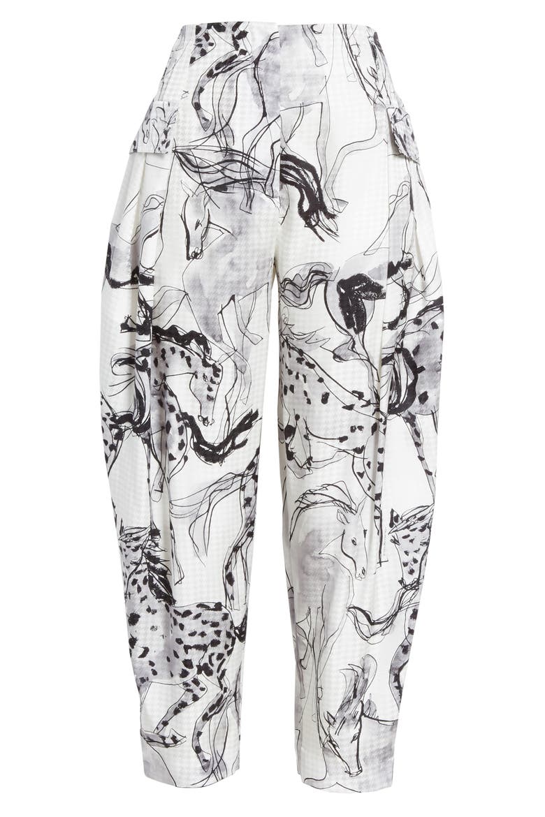 Rosalinda Horse Print Pleated Silk Crop Pants, Alternate, color, MULTICOLOR